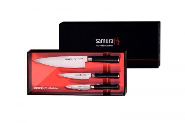 Samura MO-V Set of 3 kitchen  knives: Paring knife, Utility knife, Chef's knife, Japanese AUS-8 Steel