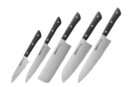 Samura HARAKIRI Set of 5 kitchen  Knives With Black Handles: Paring, Utility, Nakiri, Santoku, Chef's knife, Japanese AUS-8 Steel