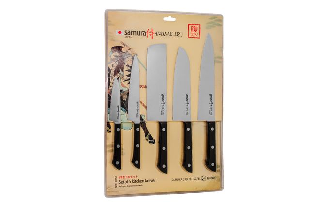 Samura HARAKIRI Set of 5 kitchen  Knives With Black Handles: Paring, Utility, Nakiri, Santoku, Chef's knife, Japanese AUS-8 Steel